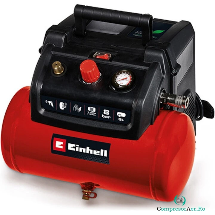 Einhell Compresor Einhell TC-AC 190/6/8, 1.2 kW, max. 8 bar, capacitate de aspiratie 190 l/m, rezervor de 6 litri, pompa fara ulei, manometru, cuplaj rapid