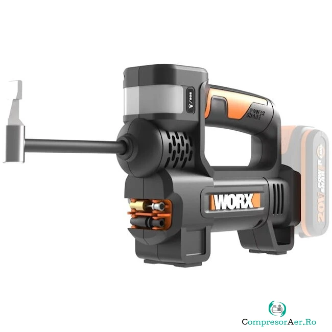 WORX Mini compresor pe acumulator WORX WX092.9, 20V, tehnologia WORX PowerShare, presiune max 10 bar, 150 psi, lanterna, accesorii, fara acumulator si incarcator