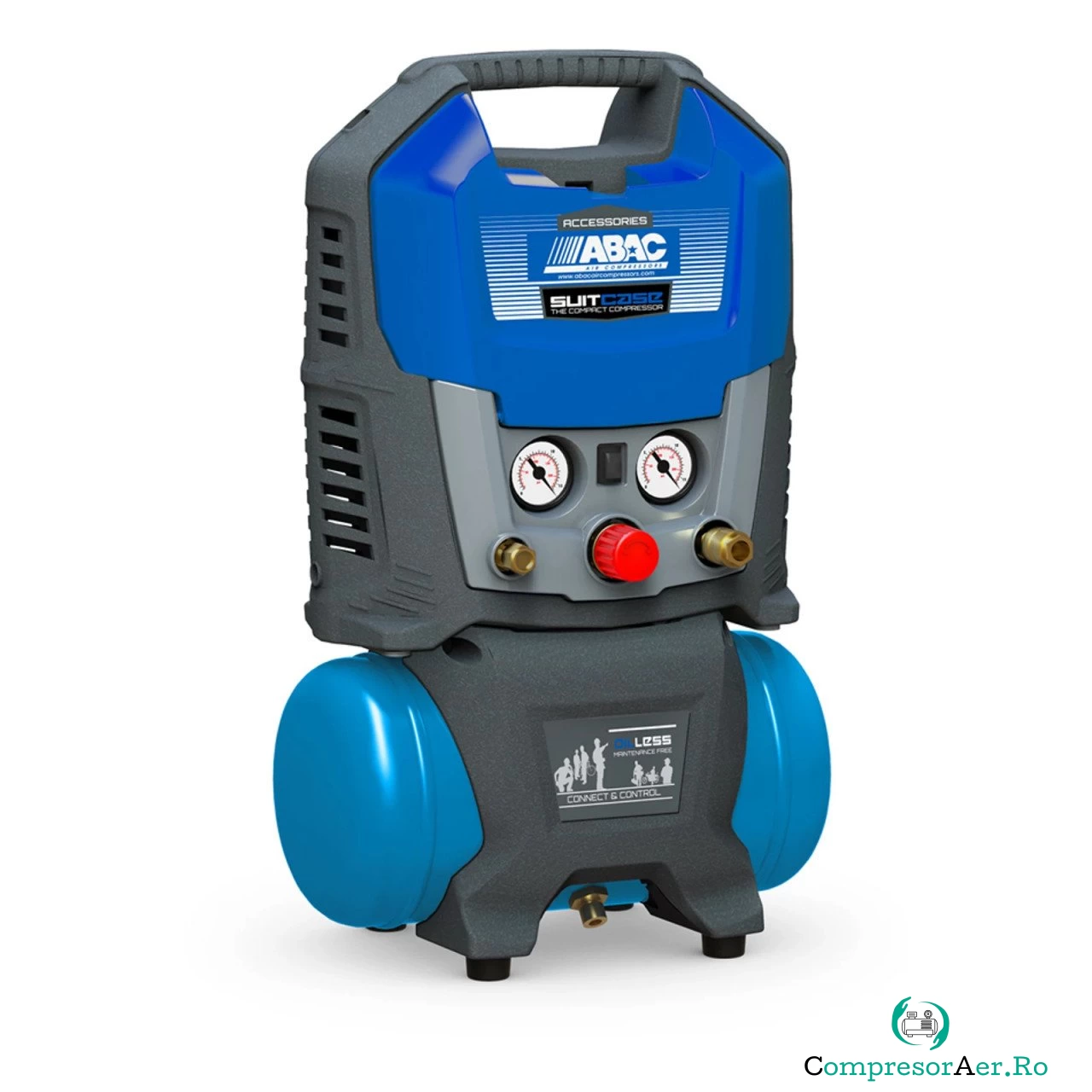 Compresor de aer cu piston fara ulei, silentios - 1.1 kW, 160 L/min, 8 bari - Rezervor 6 litri - ABAC-SUITCASE-6